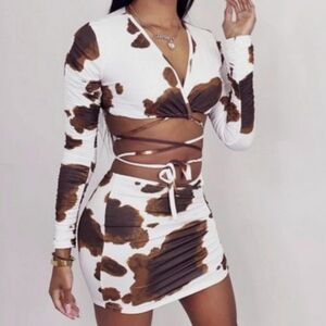 Sexy cow print 2 piece body con skirt crop wrap top stretchy